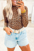 Brown Leopard Mock Neck Long Sleeve Mesh Top Long Sleeve Tops 85f4f864270080c0