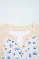 Beige Floral Print Waffle Patchwork Balloon Sleeve V Neck Oversized Top Long Sleeve Tops 85f7df6c4d89ddb8