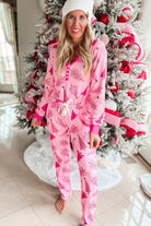 Pink Christmas Tree Print V Neck Buttoned Pullover and Pants Pajama Set Loungewear Set 860b5898a5ded482