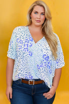 Sky Blue Leopard Print V Neck Short Sleeve Plus Size Top Plus Size Tops 8612d7e57d40c4db