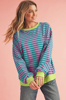 Blue Stripe Contrast Edge Cross Seam Oversized Pullover Sweatshirts & Hoodies 861c8ff6f5ea76a2