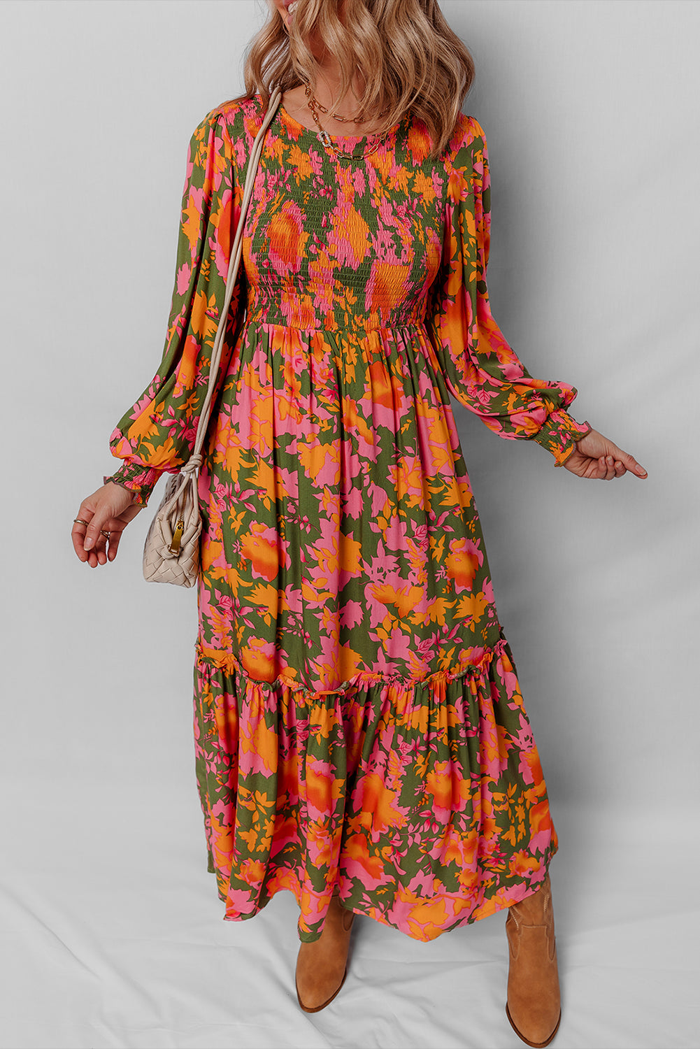 Orange Floral Puff Sleeve Smocked Bodice Frill Tiered Dress Maxi Dresses 861d9127cb6b1703