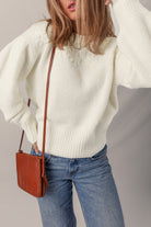White Flower Detail Round Neck Contrast Textured Puff Sleeve Sweater Sweaters 861dabeb85990d15