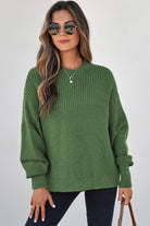 Vineyard Green Solid Color Mixed Textured Knitted Crew Neck Sweater Sweaters 8643d8c70e31618e