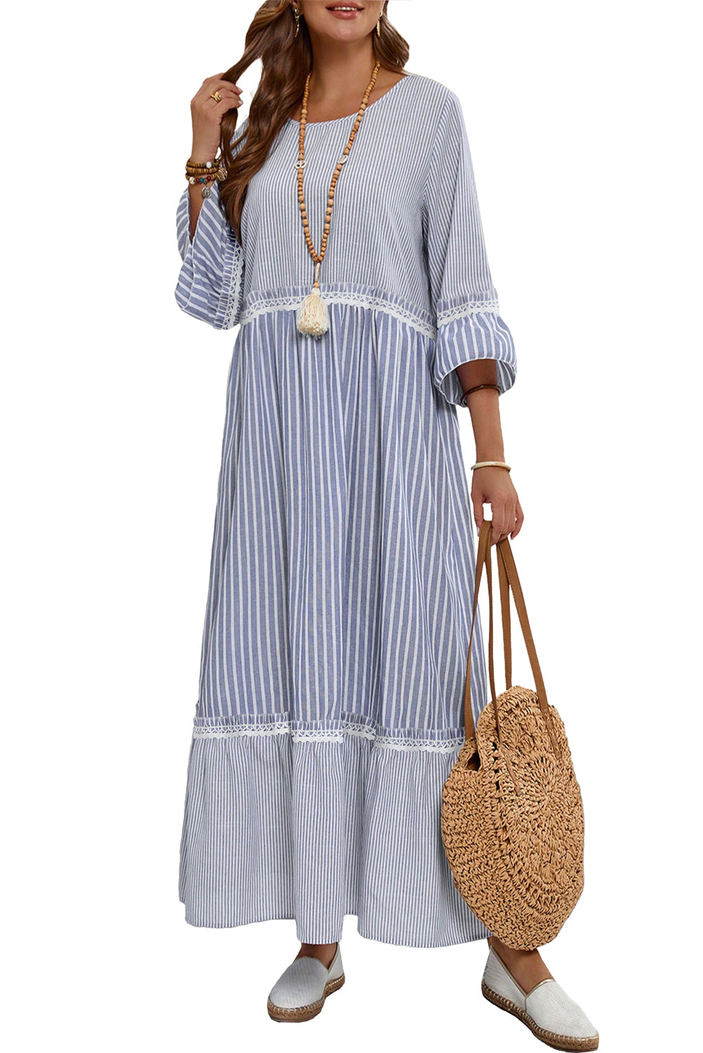 Sky Blue Stripe Patchwork Lace Detail Bracelet Sleeve Maxi Dress Maxi Dresses 8674c81d6a43f86e