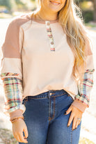 Parchment Plus Size Plaid Waffle Patchwork Henley Top Plus Size Tops 8692ce0d3b382f34