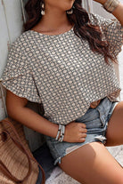 Khaki Geometric Print Frill Tulip Sleeve Plus Size Blouse Plus Size Tops 8698dc067212130c