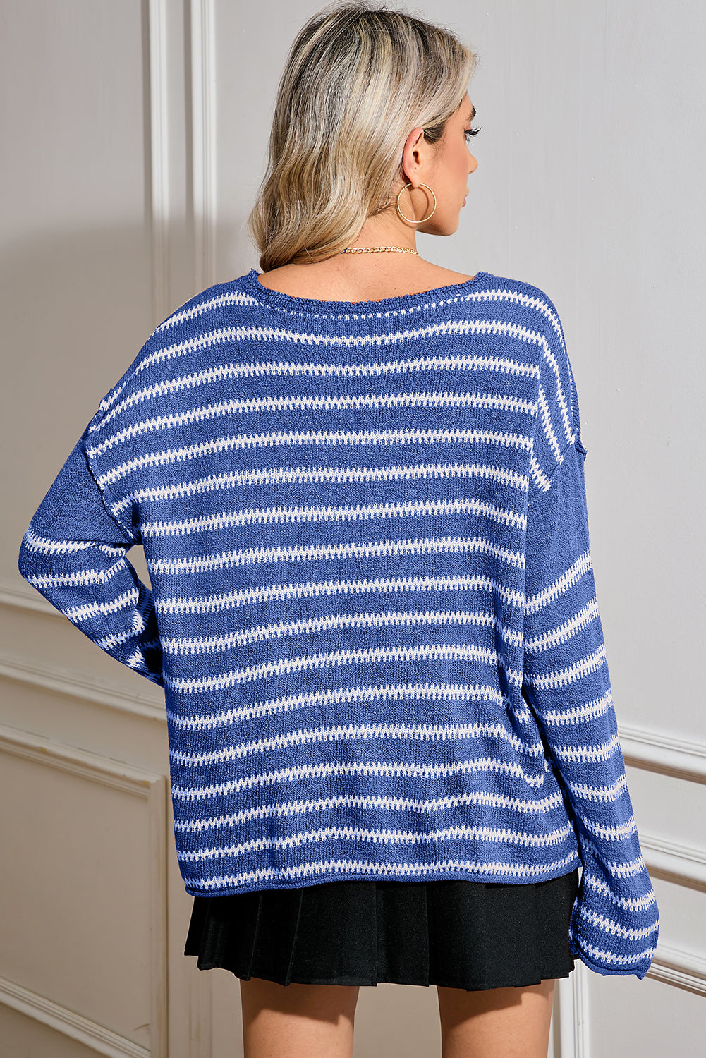Green Stripe Casual Stripe Round Neck Drop Shoulder Sweater Sweaters 869f5e0b5f3df096