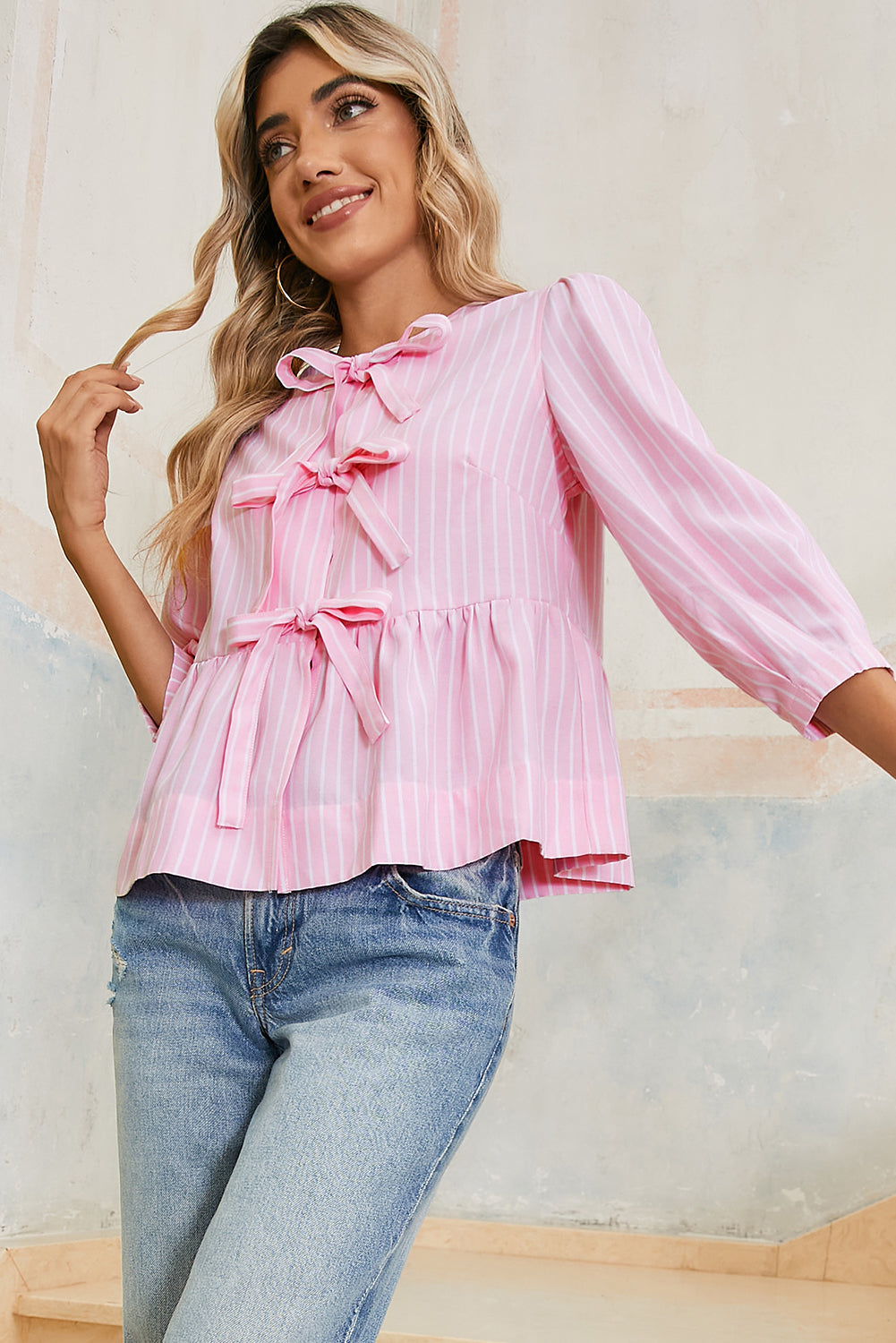 Pink Striped Print Sweet Bow Tie Blouse Blouses 86c486607857db18