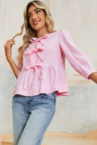Pink Striped Print Sweet Bow Tie Blouse Blouses 86c486607857db18