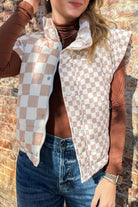 Khaki Plaid Stand Neck Button Down Vest Coats 86e919ab14e93c21