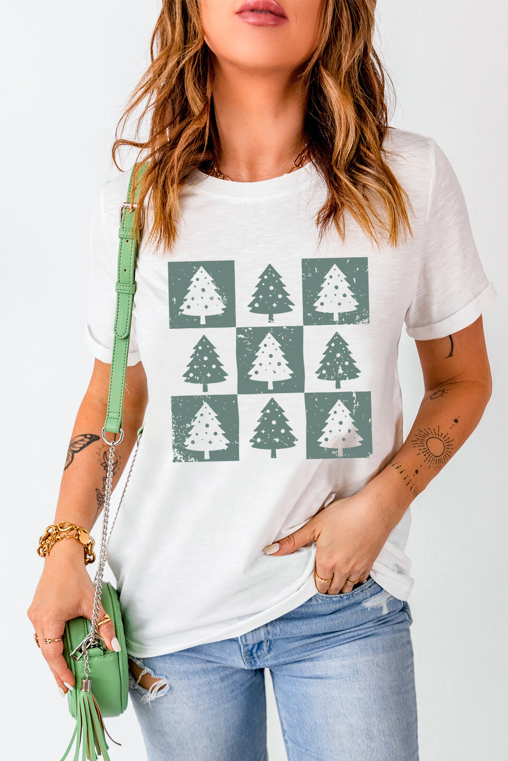 White Christmas Tree Checkered Distressed Heat Transfer Printing Graphic Tee Graphic Tees 86f060df7ee34654