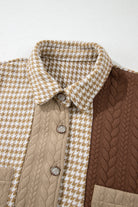 Khaki Houndstooth Textured Patchwork Loose Shacket Jackets 86f6b30d1d3cf498