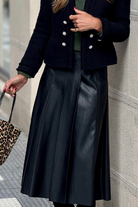 Black Faux Leather Retro Buckle Detail Pleated Stitch Flared Midi Skirt Skirts 86ffeb49ee4340e5