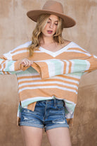Multicolor Colorblock Stripe V Neck Split Sweater Sweaters 870347599737224a