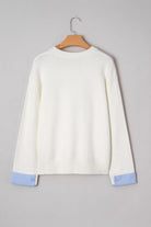 White Plaid Heart Embroidered Cuffed Drop Shoulder Crew Neck Sweater Sweaters 87302bc39e3fa5fe