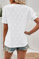 White Embroidered Floral Geometric Button Short Sleeve Top Blouses 87356f62a1379f62