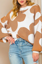 Khaki 60s Floral Pattern Ribbed Trim Pullover Sweater Sweaters 874e5cd9f2a6c36d