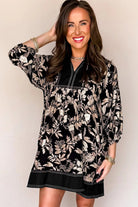 Black 3/4 Sleeve Botanical Print Split Neck Loose Mini Dress Mini Dresses 8752c34eabd1c050