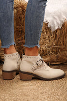 White Faux Leather Studded Pointed Toe Block Heel Ankle Boots Boots 875509e8d339702c