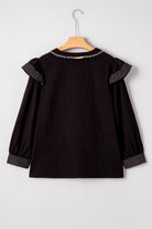 Black Contrast Stitched Detail V Neck Ruffle Long Sleeve Blouse Blouses 87581b144d9a9fe2