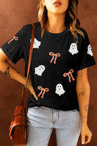 Black Bow Ghost Sequin Patched Halloween Graphic Tee Graphic Tees 875ca26b545ce64d