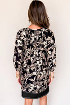 Black 3/4 Sleeve Botanical Print Split Neck Loose Mini Dress Mini Dresses 8789edf35702a99c