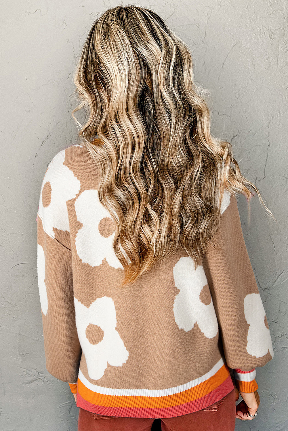 Smoke Gray Big Flower Pattern Contrast Striped Baggy Sweater Sweaters 878d1fd4b3d6b85e