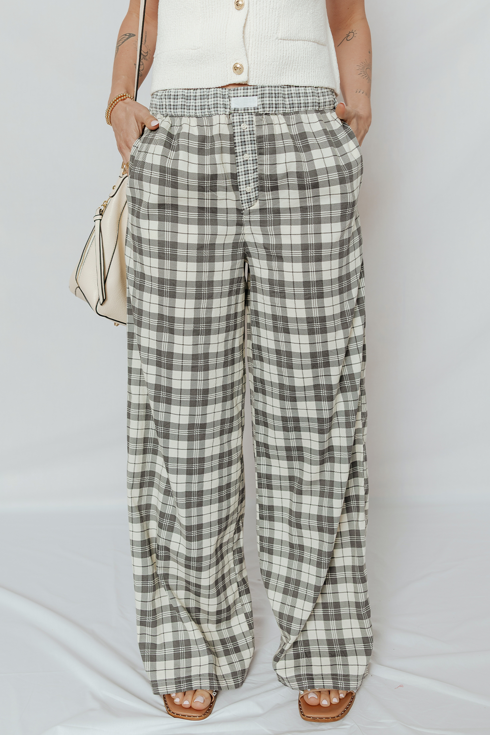 Gray Plaid Wide Leg Casual Pants Pants 87ac7a7d411a75f7