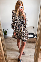 Khaki Leopard Button V Neck Pocket Flowy Mini Dress Short Dresses 87c526b7a5ad8389