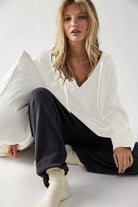 White Oversize Waffle Drop Shoulder Exposed Seam V Neck Hoodie Sweatshirts & Hoodies 87ceee23441a21fa