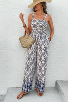 Blue Boho Geometric Print Smocked High Waist Wide Leg Jumpsuit Jumpsuits 87f14978d6a523e8