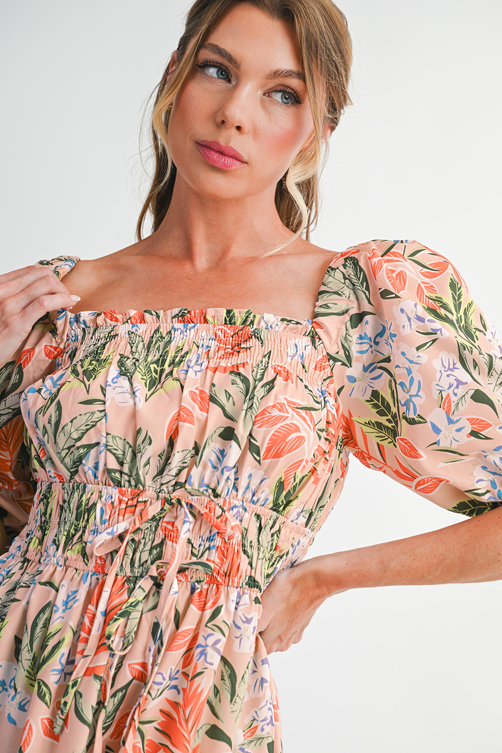 Apricot Pink Floral Knot Front Smocked Bubble Sleeve Dress Midi Dresses 88112b8cc81e3dbb