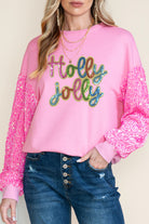 Pink Holly Jolly Letter Sequins Patch Drop Shoulder Patchwork Long Sleeve Top Graphic Apparel 881ef4d9637c964f