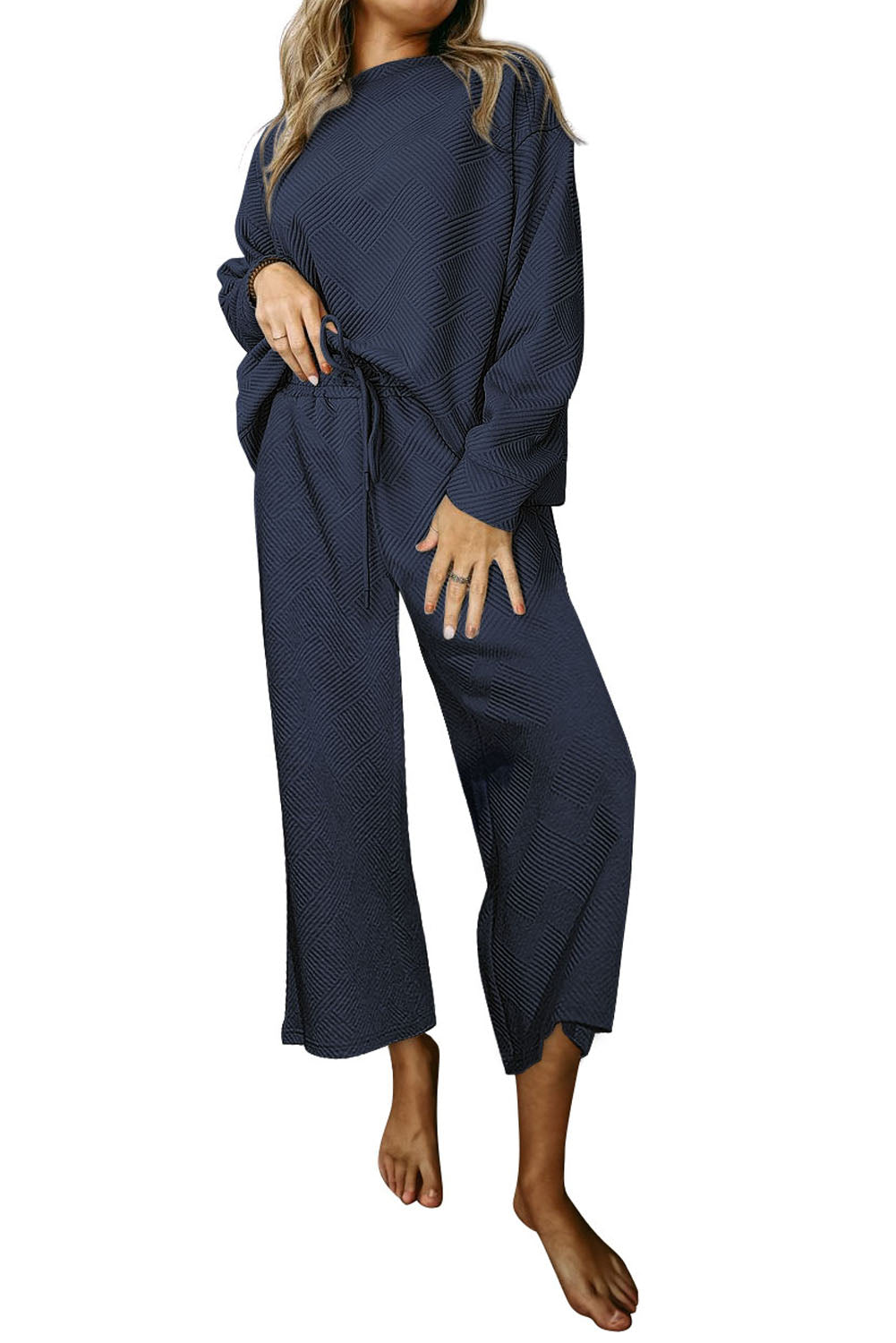 Navy Blue Textured Loose Slouchy Long Sleeve Top and Pants Set Two Piece Pants Sets 88293cd6bc400cf8