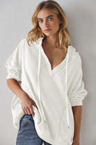 White Oversize Waffle Drop Shoulder Exposed Seam V Neck Hoodie Sweatshirts & Hoodies 8841ae329e9f8fa0