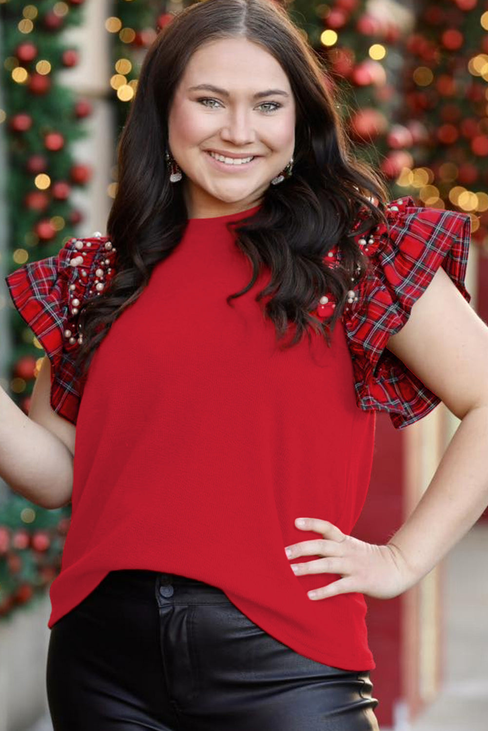 Racing Red Plaid Pearl Ruffled Sleeve Knitted Christmas Holiday Plus Size Top Plus Size Tops 884253908a3c744c
