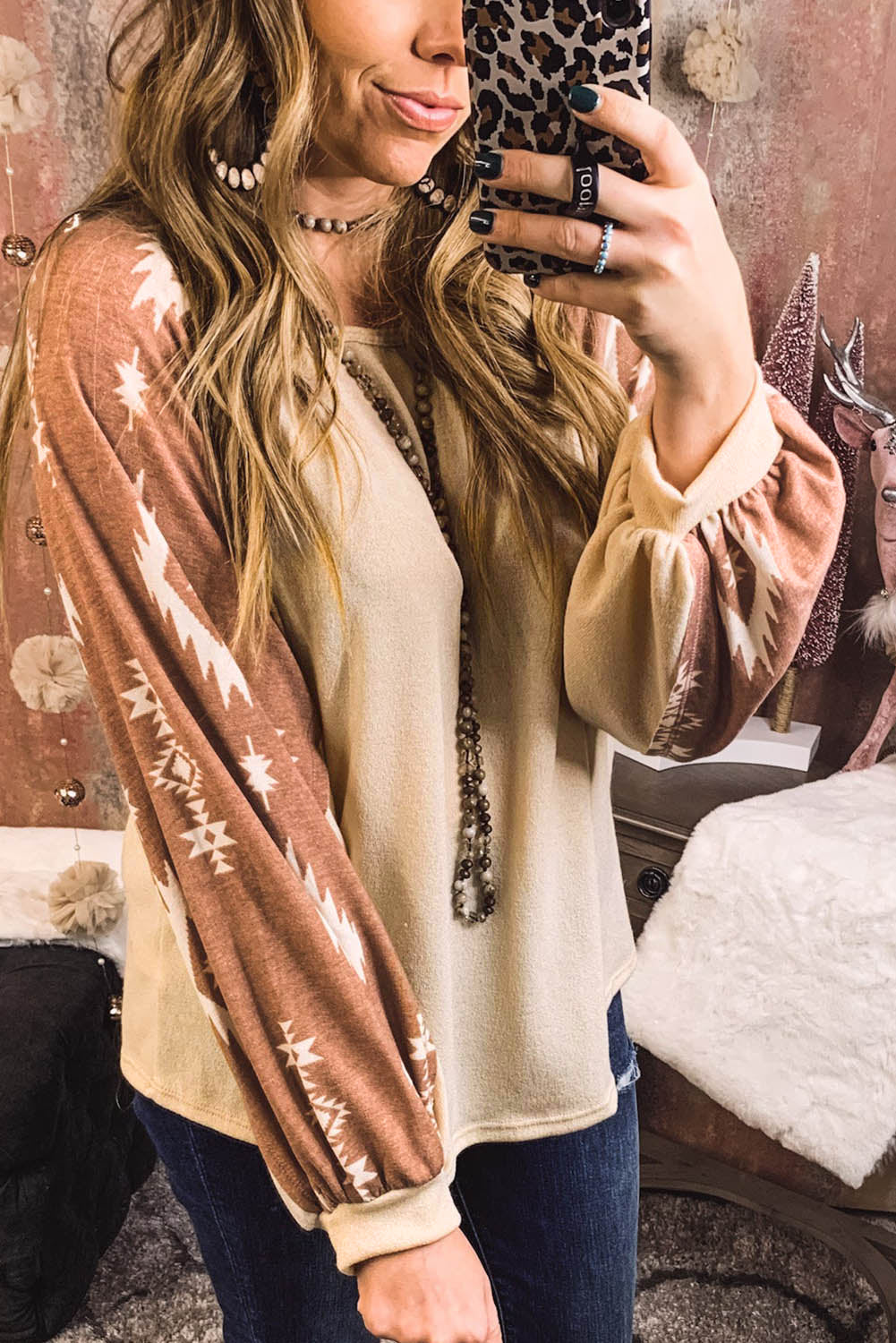 Apricot Casual Ethnic Print Patch Long Sleeve Top Long Sleeve Tops 8874f36ee1724005