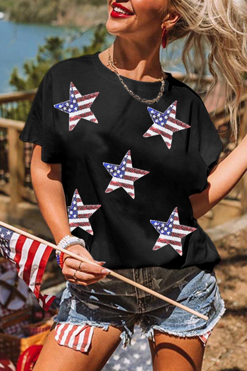 Black Sequined American Flag Star Graphic T Shirt Graphic Tees 888a231f4ee10d5f