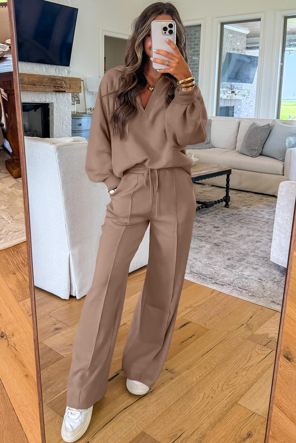 Dark Khaki Polo Collar V Neck Pullover and Drawstring Sweatpants Set Two Piece Pants Sets 888e34939362484e