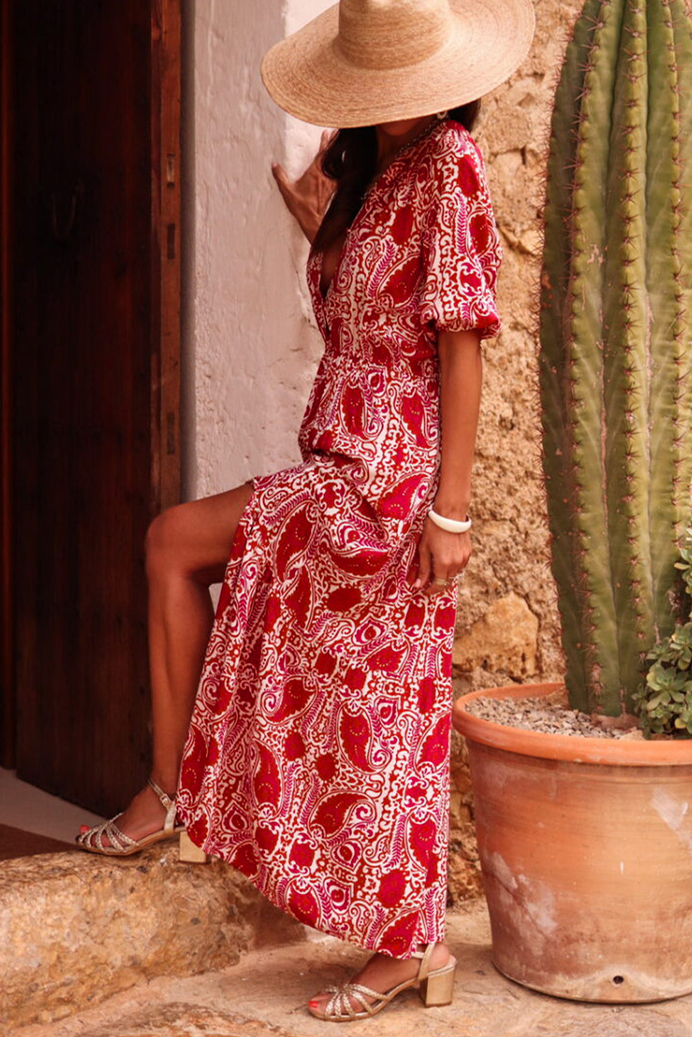 Red Paisley Print Side Slit Puff Sleeve High Waist Maxi Dress Maxi Dresses 888e6d9637a2534a