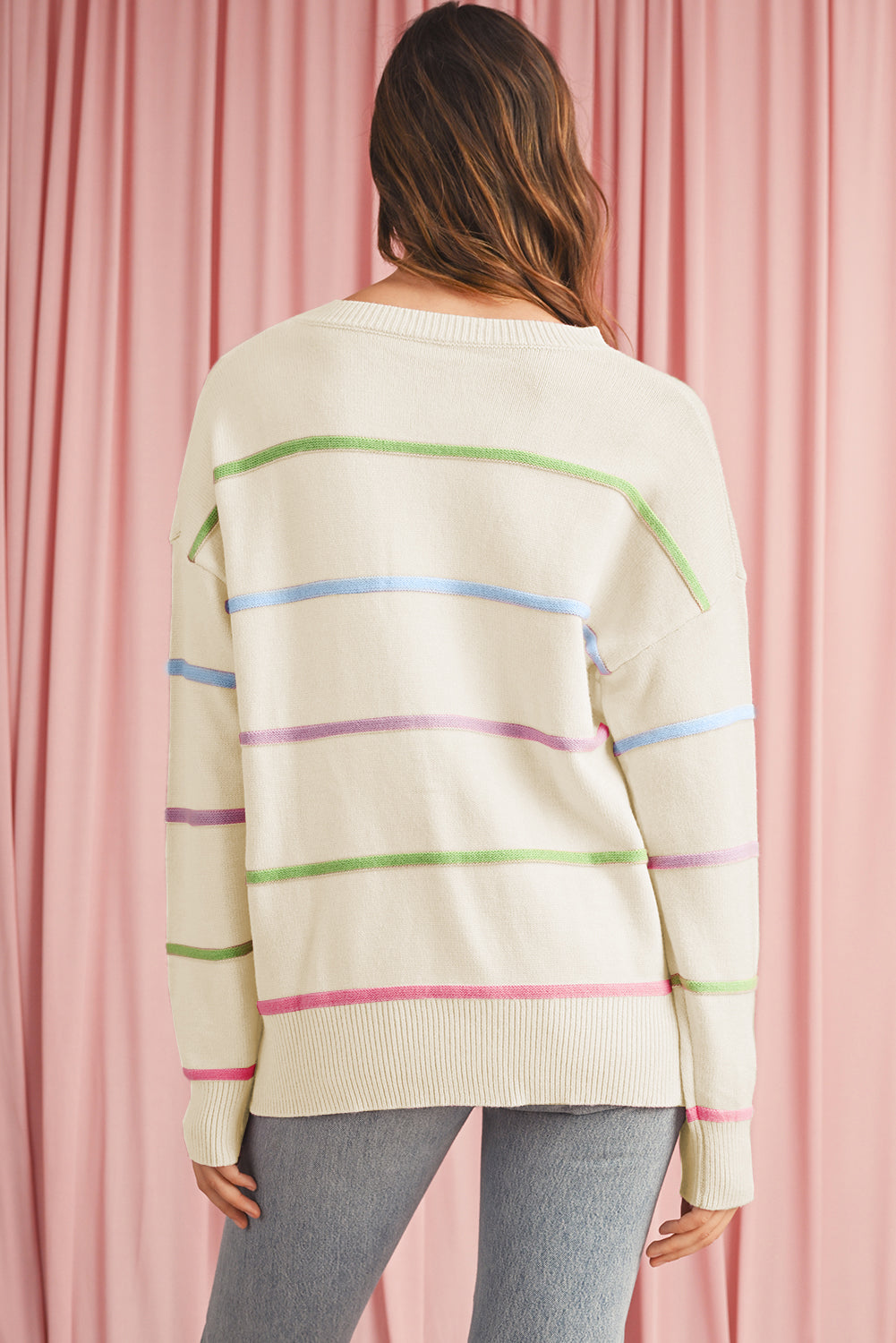 White Rainbow Striped Drop Sleeve Henley Sweater Sweaters 889ce3a7d9f74e8c