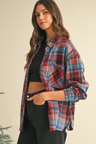 Orange Plaid Print Pocket Loose Shirt Shacket Long Sleeve Tops 88aa6b91b98b6e16