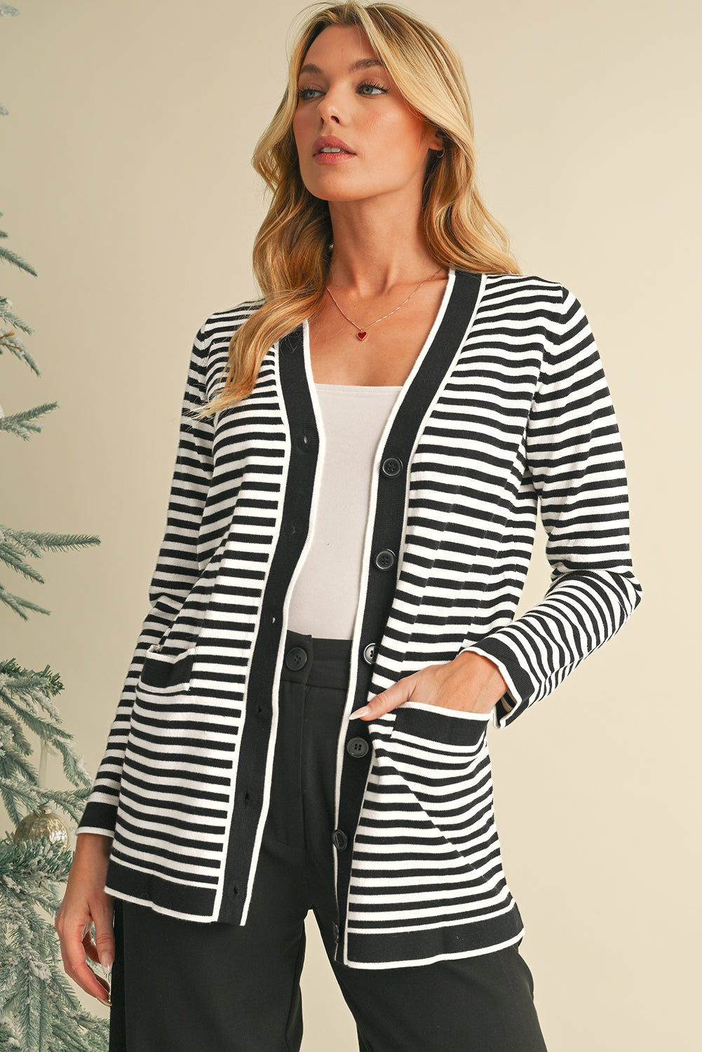 Black Striped Pocketed Button Long Cardigan Cardigans 88ab243d2a89f66e