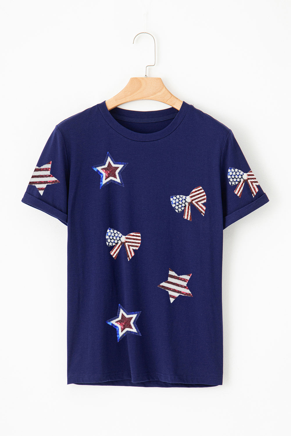 Blue USA Flag Bow Star Sequins Patch Graphic Crewneck T Shirt Graphic Tees 88ac09049baf3bc1