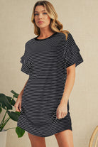 Green Stripe Ruffle Short Sleeve T Shirt Mini Dress Short Dresses 88ace0f706e30085