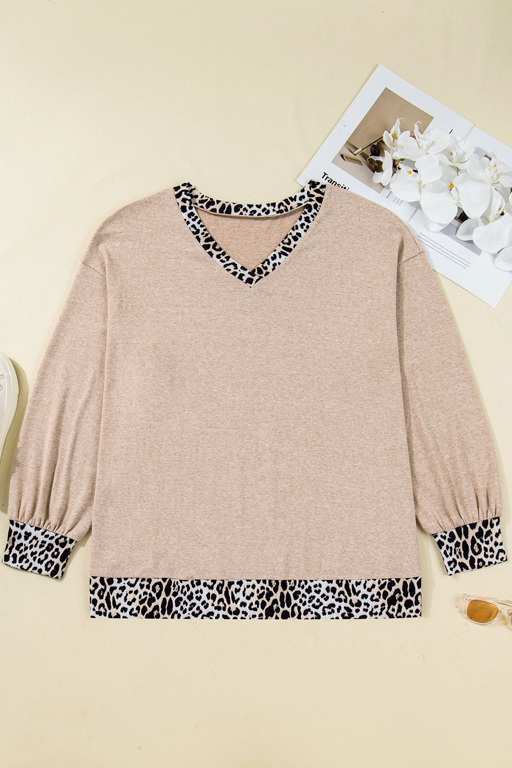 Parchment Leopard Patchwork V Neck Long Sleeve Plus Size Top Plus Size Long Sleeve Tops 89014a1f2a3548c7