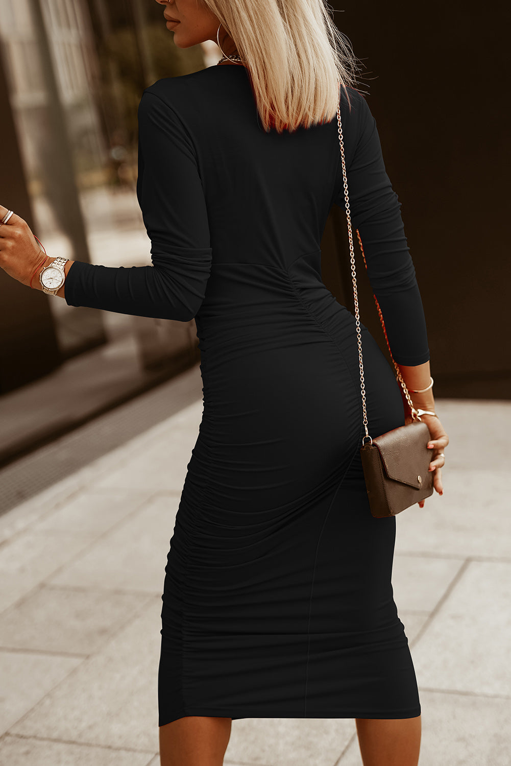 Black Long Sleeves Wrap V Neck Ruched Sheath Midi Dress Midi Dresses 890c6fde27cf01d0
