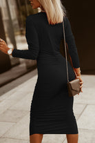 Black Long Sleeves Wrap V Neck Ruched Sheath Midi Dress Midi Dresses 890c6fde27cf01d0