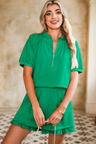 Pink Half Zip Puff Sleeve Top and Ruffle Shorts Set Two Piece Shorts Sets 8920b21bf957ba93